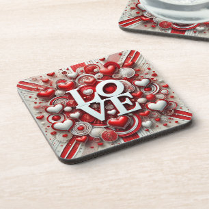 Red White Hearts Love Typography Valentine's Day Coaster