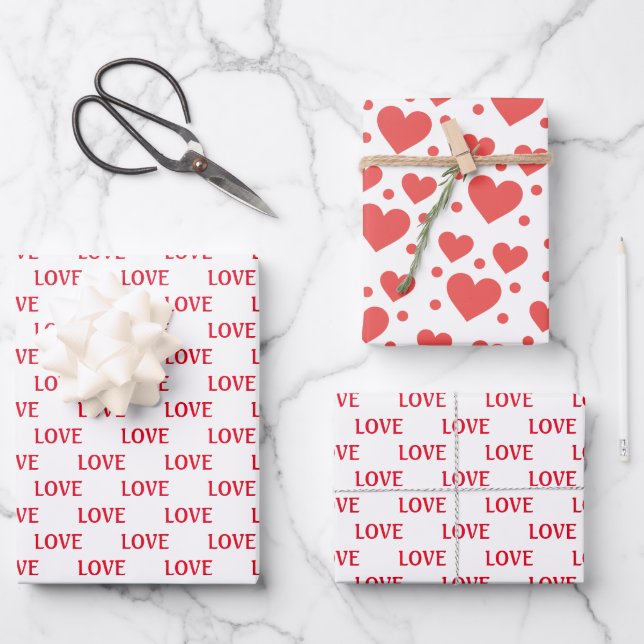 Red & White Hearts Modern Love Valentine's Day Wrapping Paper Sheet (Front)