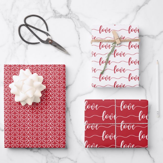Red & White Hearts Script Love Valentine's Day Wrapping Paper Sheet (Front)