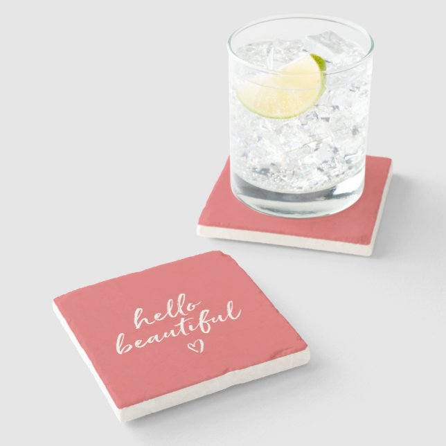 Red White Hello Beautiful Inspirational Heart Stone Coaster (Side)