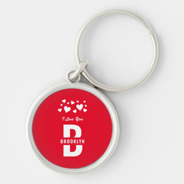 Red White Hipster Monogram Happy Valentine's Day Keychain (Front)