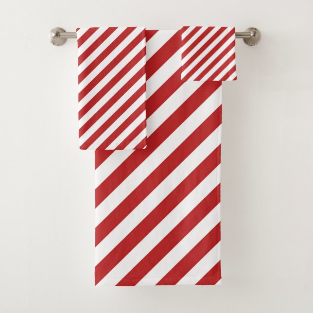 Red White Holiday Christmas Diagonal Stripes Bath Towel Set (Insitu)