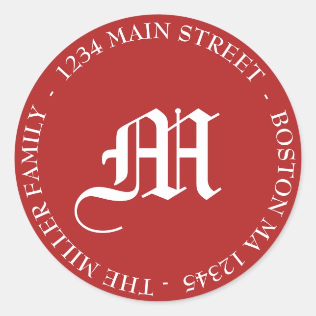 Red & White Holiday Monogram Return Address Classic Round Sticker (Front)