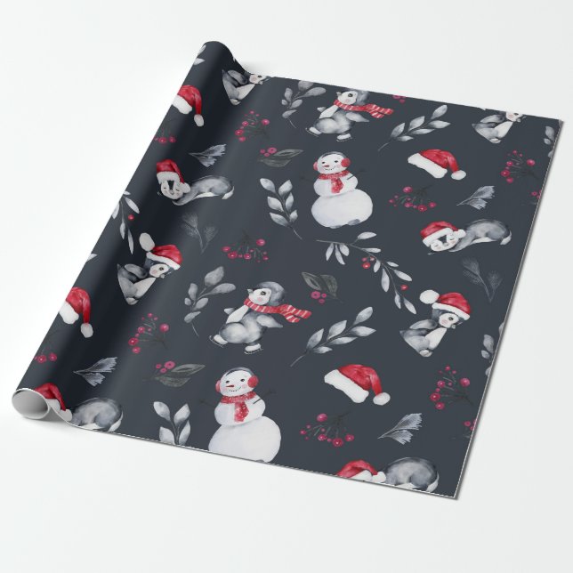 Red & White Holiday Penguins & Snowmen Charcoal Wrapping Paper (Unrolled)