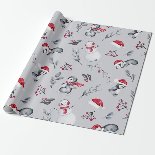 Red & White Holiday Penguins & Snowmen Silver Wrapping Paper (Unrolled)