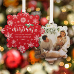 Red White Holly Snowflakes Merry Christmas Photo Ornament Card<br><div class="desc">Beautiful snowflake shaped Merry Christmas card and ornament in one printed with your photo,  pretty white snowflakes,  white holly berries with green leaves,  and your name and the year.</div>