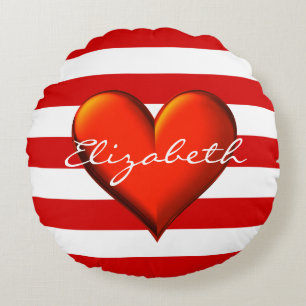 Red White Horiz Stripe Red Metallic Heart Monogram Round Pillow