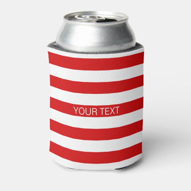 Red White Horizontal Preppy Stripe Name Monogram Can Cooler (Can Back)