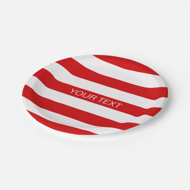 Red White Horizontal Preppy Stripe Name Monogram Paper Plate (Angled)