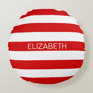 Red White Horizontal Preppy Stripe Name Monogram Round Pillow