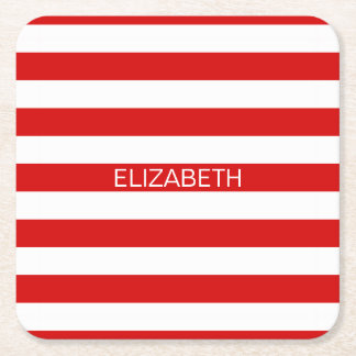 Red White Horizontal Preppy Stripe Name Monogram Square Paper Coaster