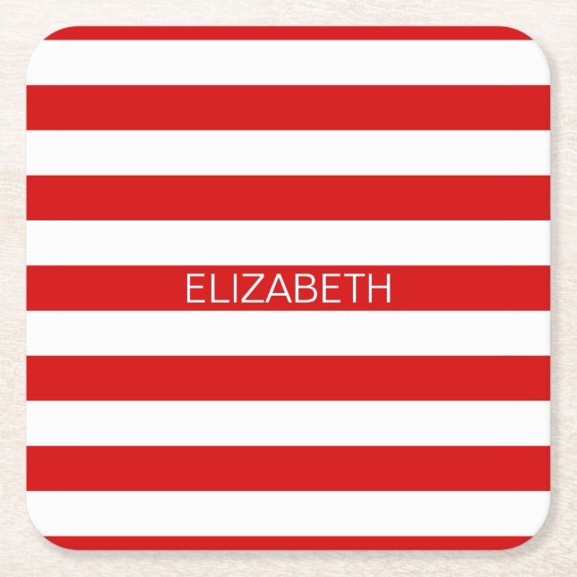 Red White Horizontal Preppy Stripe Name Monogram Square Paper Coaster (Front)