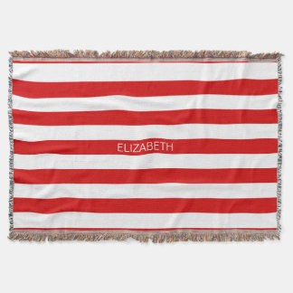 Red White Horizontal Preppy Stripe Name Monogram Throw Blanket