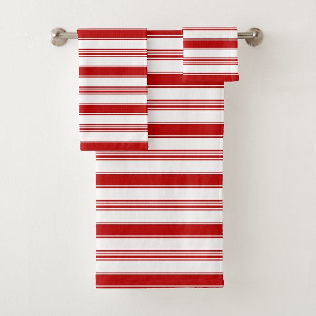 Red & White Horizontal Stripes (large scale) Bath Towel Set (Insitu)