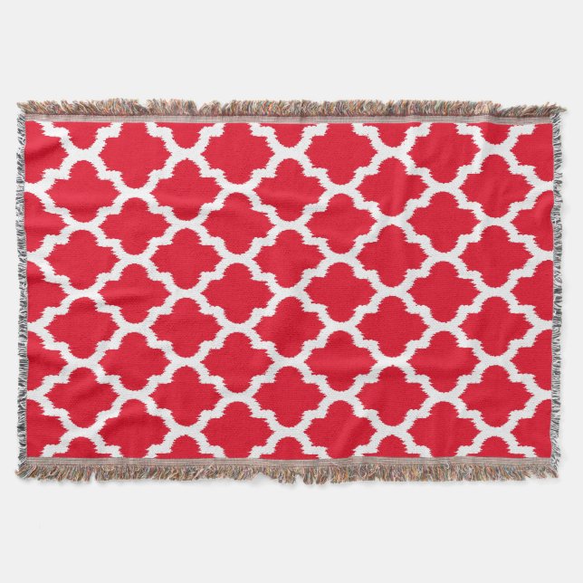 Red & White Ikat Quatrefoil Pattern Throw Blanket (Front)