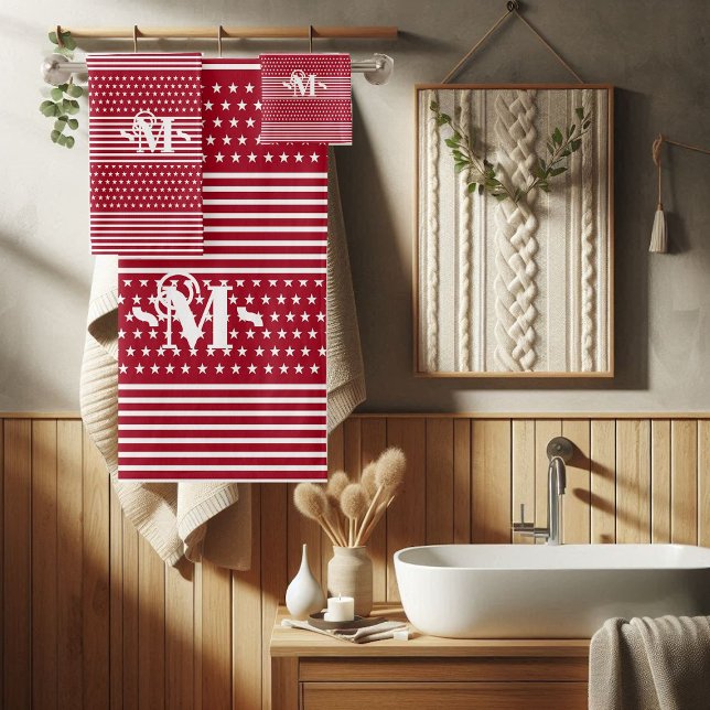 Red White Independence Day Stars & Stripe Monogram (Red White Independence Day Stars & Stripe Monogram Bath Towel Set)