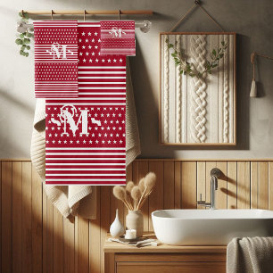 Red White Independence Day Stars & Stripe Monogram Bath Towel Set