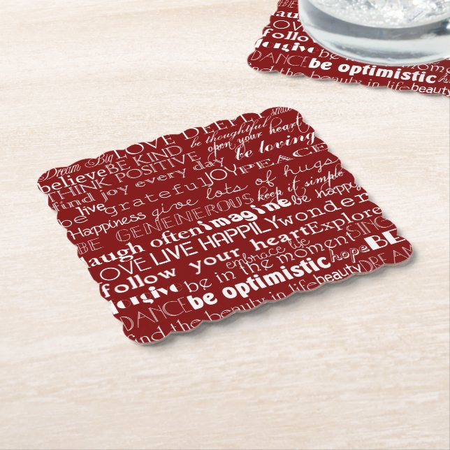 Red White Inspirational Words Christmas Paper Coaster (Angled)