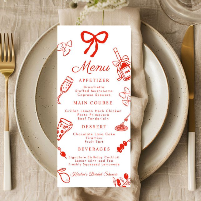 Red & White Italian Food Bridal Shower Flat Menu (That's amore Italian Menu Card)