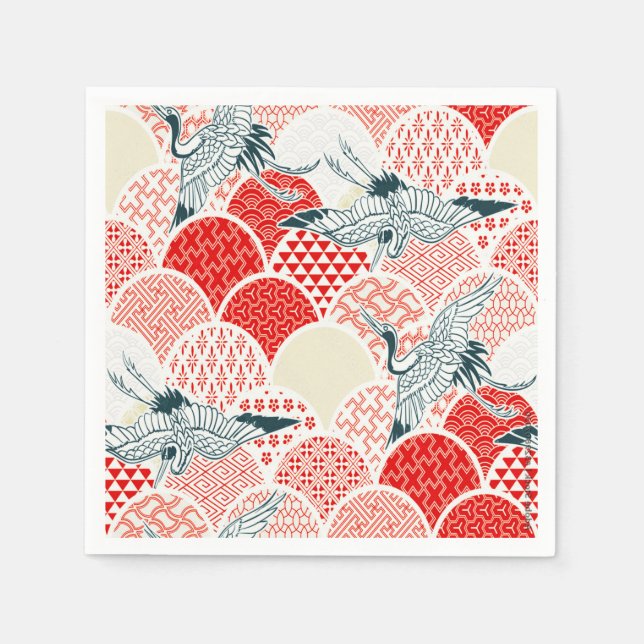 Red White Japanese Kimono Crane Decoupage Paper Napkin (Front)
