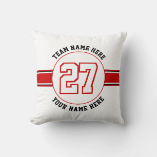 Red, white jersey number, team, player name sports throw pillow