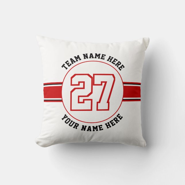 Red, white jersey number, team, player name sports throw pillow (Front)