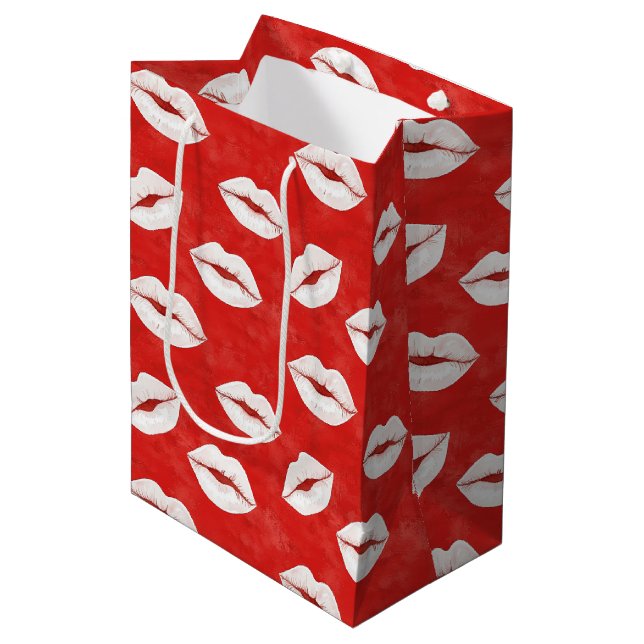 Red White Kiss Lips Flirty Love Valentine's day Medium Gift Bag (Front Angled)