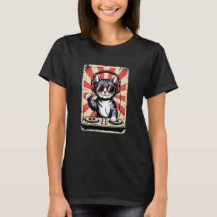 Red White Kitten DJ on Turntables EDM Synthesizer T-Shirt