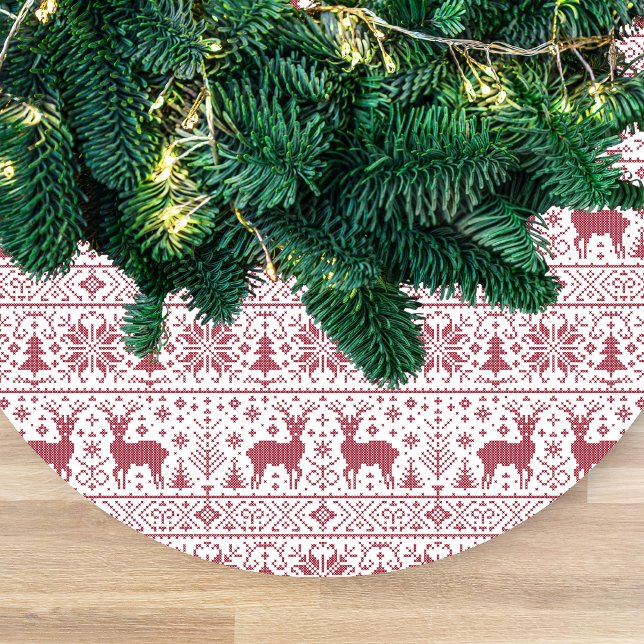 Red & White Knit Ugly Sweater Pattern Script Name Fleece Tree Skirt (Creator Uploaded)
