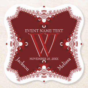 Red White Lace Border Wedding Anniversary Elegant Paper Coaster