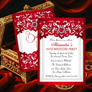 Red White Lace Damask Pearl Birthday Party Invitation