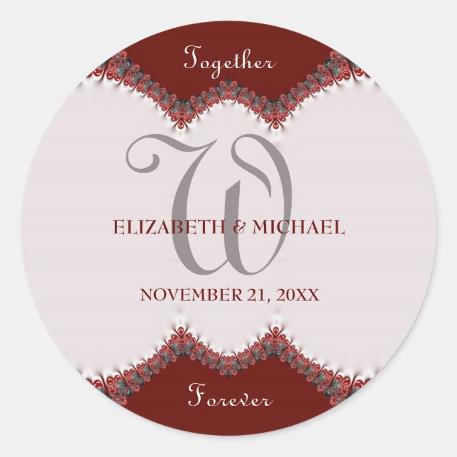 Red & White Lace Monogram Wedding Classic Round Sticker (Front)