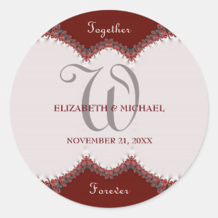 Red & White Lace Monogram Wedding Classic Round Sticker