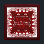 Red White Lace Wedding Anniversary Gift Box<br><div class="desc">Unique and Stylish fractal lace borders gorgeous red & white colours - Exquisite and elegant custom Wedding, Anniversary or engagement present. Personalize with names, anniversary date and monogram or numbers - made into a wonderful wooden gift box to keep trinkets, jewellery box for your special keepsakes. Makes a wonderful gift...</div>