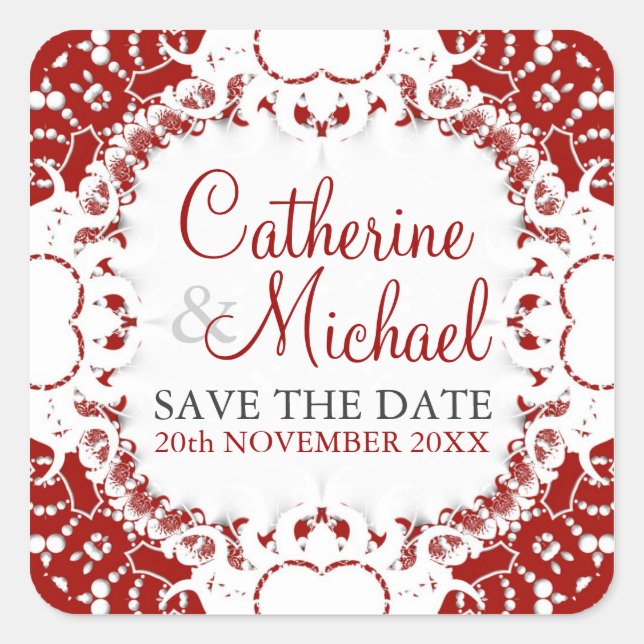 Red+White Lace Wedding Announcement Sticker (Front)