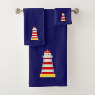 Red & White Lighthouse Beacon on Navy blue Bath Towel Set