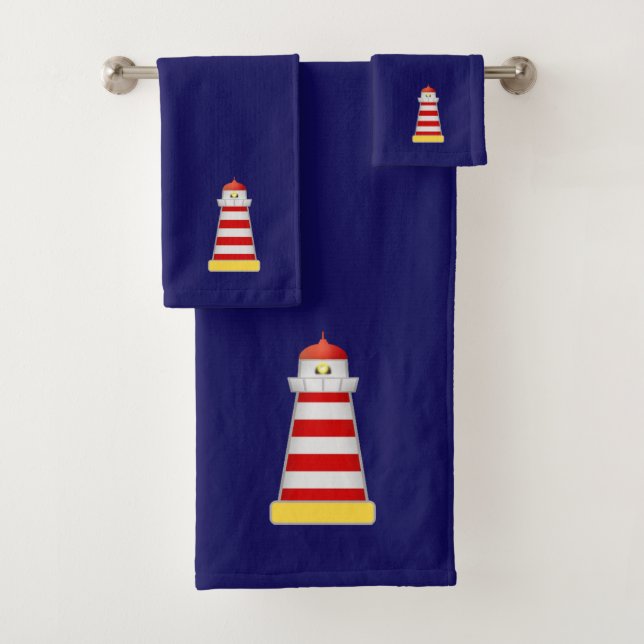Red & White Lighthouse Beacon on Navy blue Bath Towel Set (Insitu)