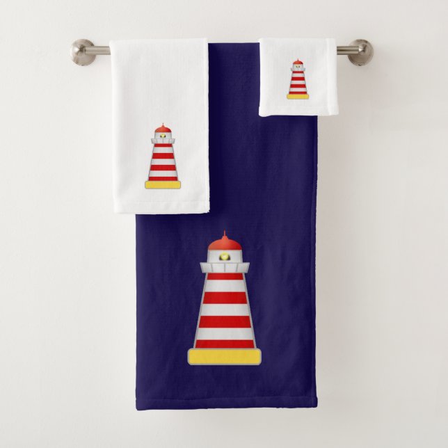 Red & White Lighthouse on Navy blue & White Bath Towel Set (Insitu)