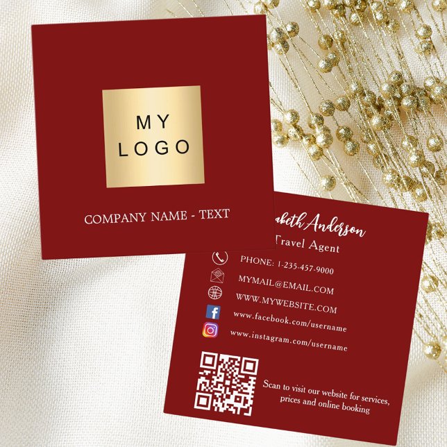 Red white logo QR code social media Square Business Card (Creator Uploaded)