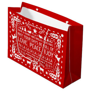 Red, white Love Peace Joy papel picado Christmas Large Gift Bag