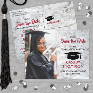 Red & White Marble Graduation Photo Save the Date Postcard