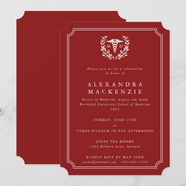 Red/White MD Caduceus Graduation Invitation (Front/Back)