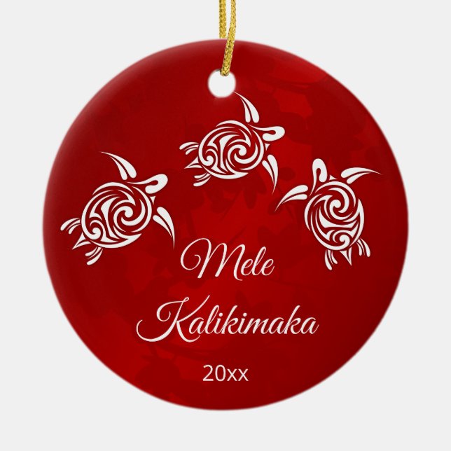 Red White Mele Kalikimaka Christmas Ceramic Ornament (Front)