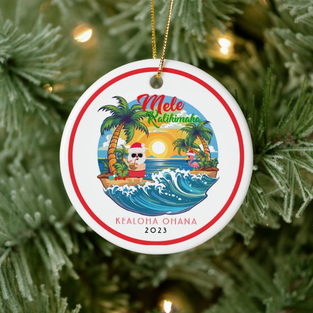 Red White Mele Kalikimaka Santa Surf Hawaiian Ceramic Ornament (Tree)