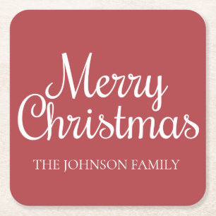 Red White Merry Christmas Family Name Square Paper Coaster