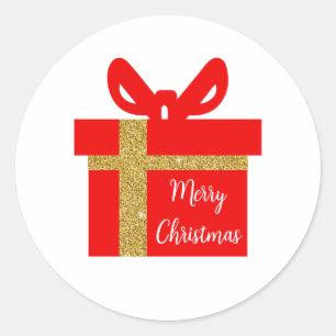 Red White Merry Christmas Gift Box Classic Round Sticker