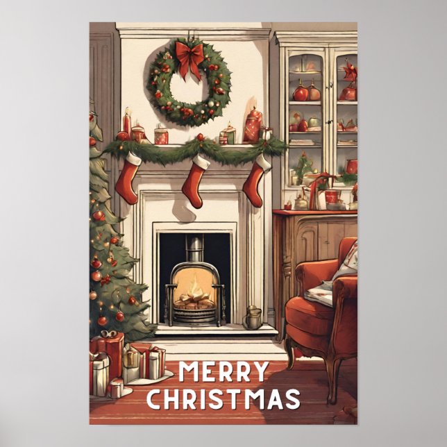 Red white Merry christmas vintage merriest modern  Poster (Front)