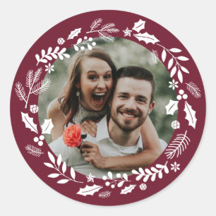 Red White Minimal Wreath Photo Classic Round Sticker