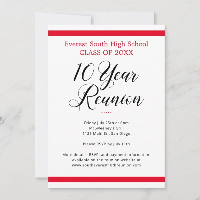 Red & White Minimalist Ten 10 Year Class Reunion Invitation (Front)