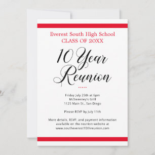 Red & White Minimalist Ten 10 Year Class Reunion Invitation
